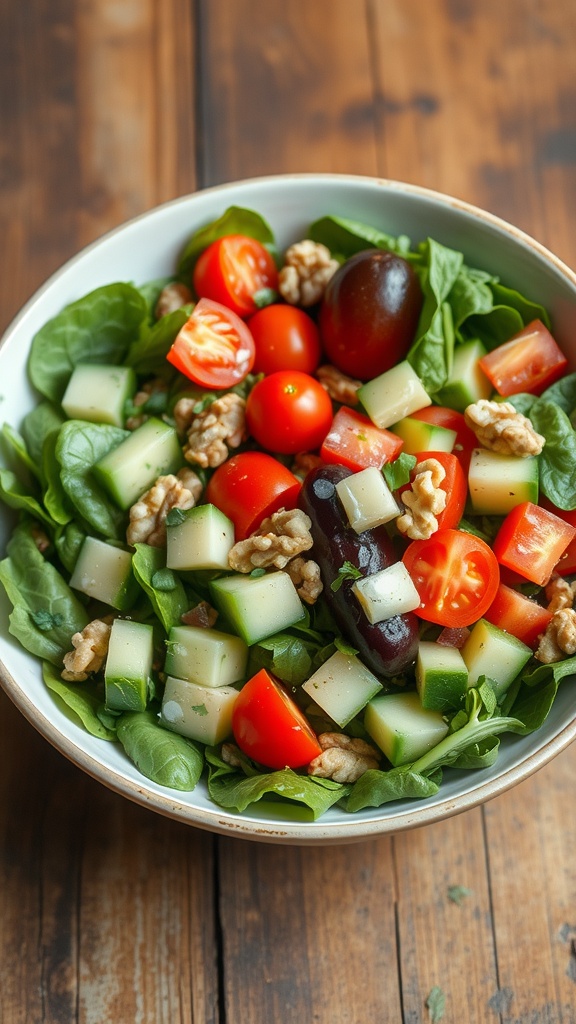 A vibrant omega-3 vegan salad with mixed greens, cherry tomatoes, cucumber, walnuts, and herbs.